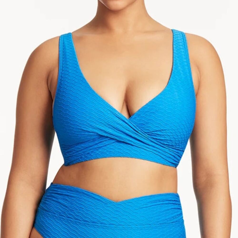 NWOT Sea Level Capri Blue Honeycomb Cross Front Convertible Bikini Top Size 4